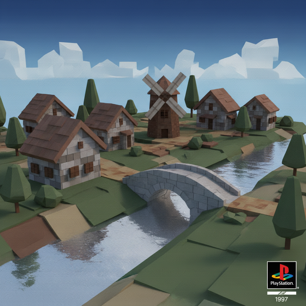 Village 3D low-poly PlayStation 1 fin années 90