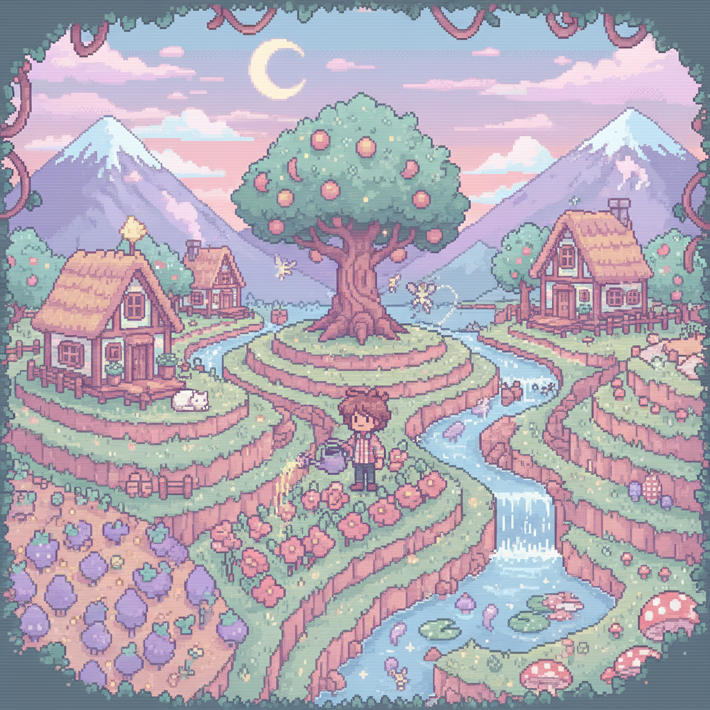 Pixel art indé moderne style cozy