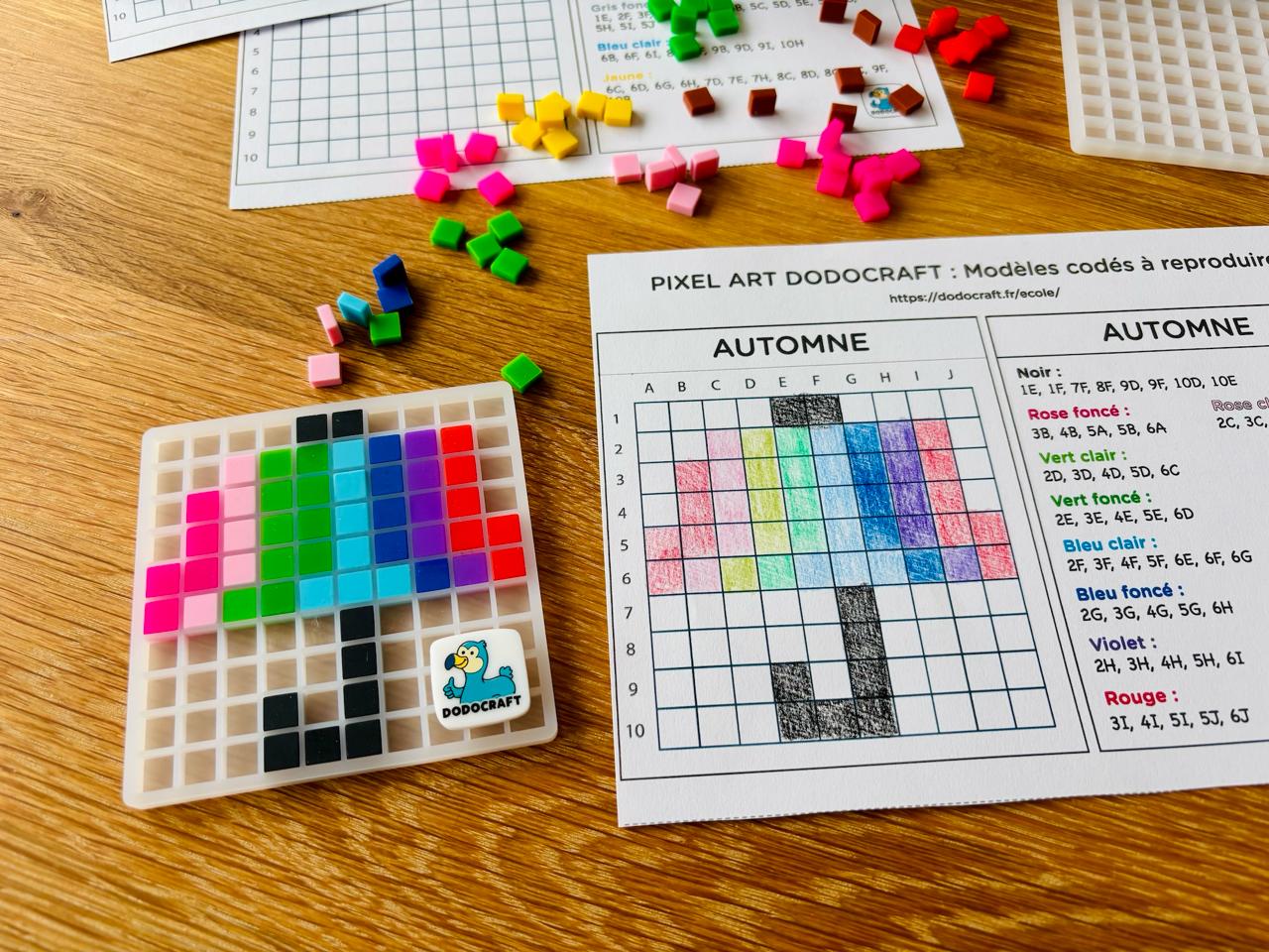Fiche modèle codé Automne Dodocraft avec coordonnées couleurs et grille de pixel art en silicone en cours de réalisation